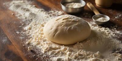 Rustic bread making process with dough flour and utensils on dark wooden surface photo