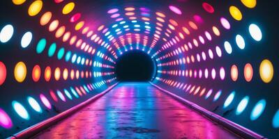 Vibrant Neon Tunnel with Colorful Circular Lights and Pathway photo