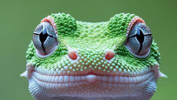 A close up of a gecko's face with a green backgroundA close up of a gecko's face with a green background. photo