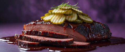 Flying smoked brisket with pickles and barbecue sauce on a deep purple background. photo