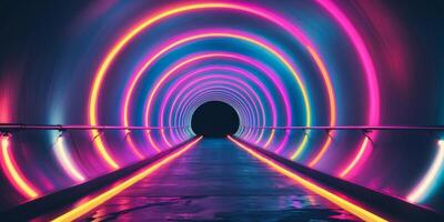 Vibrant Neon Tunnel with Colorful Circular Lights and Pathway. photo