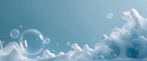 Macro shot of soap bubbles and foam on a blue background for a fresh and clean vibe -. photo