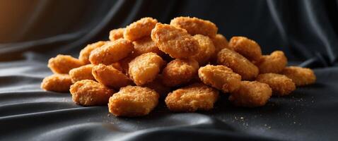 Pile of fried chicken nuggets on a black background showcasing golden crispy texture and appetizing appearance. photo