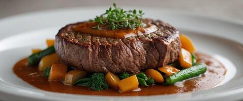 Gourmet beef steak with vegetables and sauce on a white plate photo