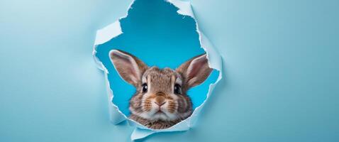 Cute Bunny Peeking Through Torn Paper Hole with Bright Blue Background and Playful Expression photo