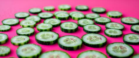 Cucumber slices arranged in a circle on vibrant pink background photo