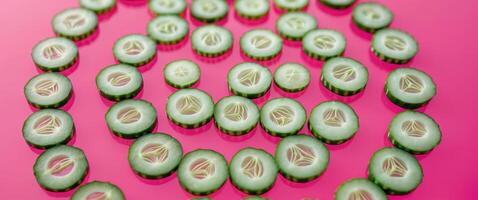 Cucumber slices arranged in a circle on vibrant pink background. photo