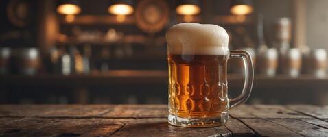 Foamy beer mug overflowing with fresh brew in rustic bar setting. photo