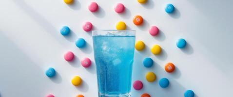 Blue sparkling drink with colorful candies on white surface. photo