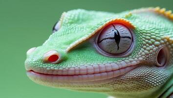 A close up of a gecko's face with a green background. photo