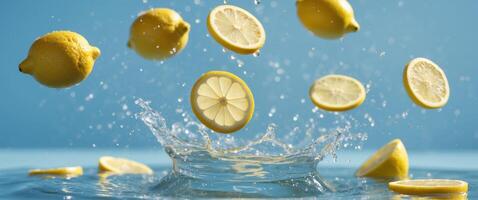Fresh lemons and lemon slices splashing in water on blue background. photo