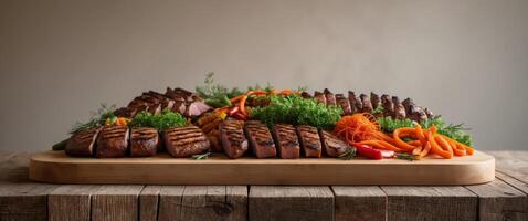 Wooden cutting board with grilled meat and vegetables on buffet table for food presentation photo