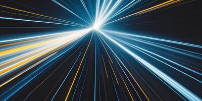 Dynamic light streaks radiating from a central point creating a sense of speed and motion in a dark background. photo