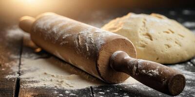 Rustic bread making with rolling pin and dough on dark wooden surface. photo