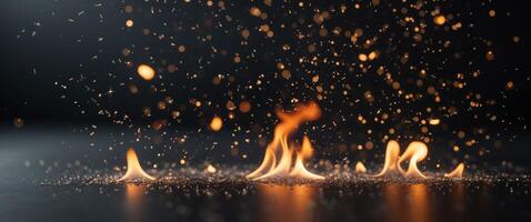 Abstract Fire Embers Particles Floating Over Dark Background with Glittering Sparks photo