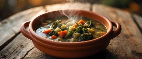 Aromatic Steaming Vegetable Soup in Rustic Clay Pot on Wooden Table photo