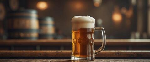 Foamy beer mug overflowing with fresh brew in rustic bar setting photo