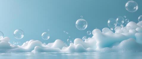 Macro shot of soap bubbles and foam on a blue background for a fresh and clean vibe - photo