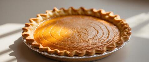 delectable pumpkin pie with a fluted crust and vibrant filling. photo