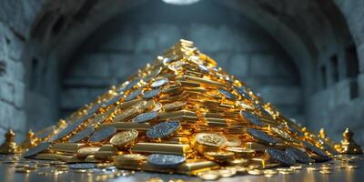 A fortune in gold stacked in a perfect pyramid inside an ancient underground vault photo