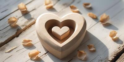 Wooden heart with smaller heart inside lying on rustic wood with dried petals. photo