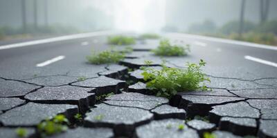 Cracked asphalt road surface with resilient plant life pushing through the fissures. photo