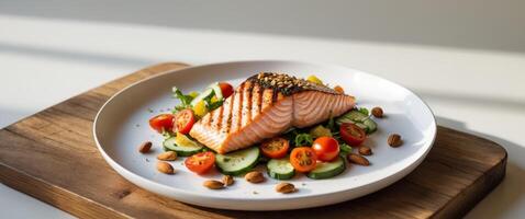 Grilled Salmon Salad with Vegetables and Nuts photo