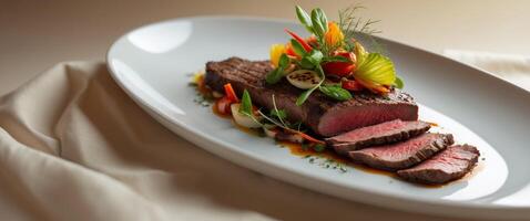 Exquisite Gourmet Dining Experience - Succulent Roasted Beef Steak with Fresh Vegetables on Elegant White Plate. photo