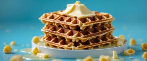 Flying stack of waffles with melting butter on a bright cyan background photo