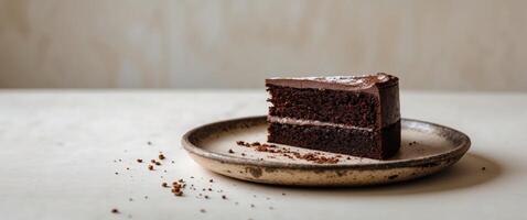 Rich Chocolate Cake Slice on Rustic Plate with Crumbs. photo