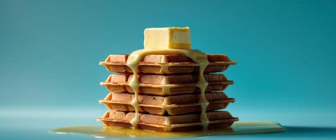 Flying stack of waffles with melting butter on a bright cyan background. photo