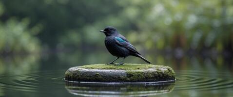 Serene Blackbird Perched on Circular Stone in Tranquil Water Peaceful Nature Scene. photo