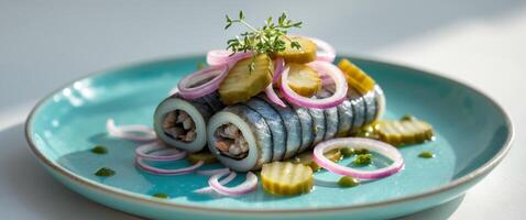 Seafood Dish with Rolled Herring Onions and Pickles on Turquoise Plate. photo