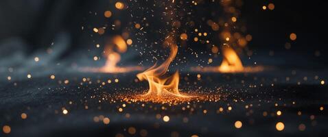 Abstract Fire Embers Particles Floating Over Dark Background with Glittering Sparks. photo