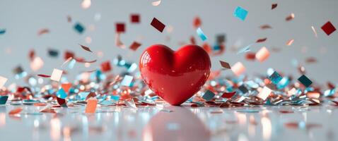 Red heart surrounded by shimmering confetti on a white surface. photo