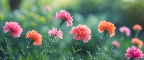 Bright carnation florets display vibrant colors in a garden setting during springtime. photo