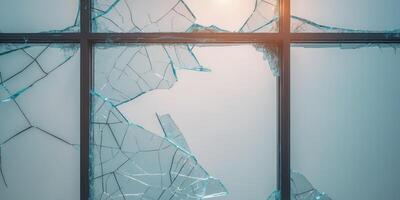 Close up view of vandalized office window with shattered glass concept of vandalism or accident photo