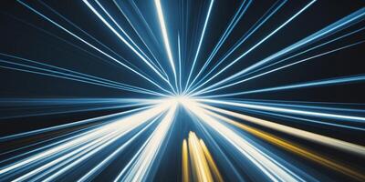 Dynamic light streaks radiating from a central point creating a sense of speed and motion in a dark background photo