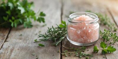 Jar of pink salt on wooden table with fresh herbs. photo
