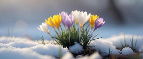 Spring s Colorful Arrival Vibrant Crocuses Bloom Through the Last Traces of Winter Snow. photo