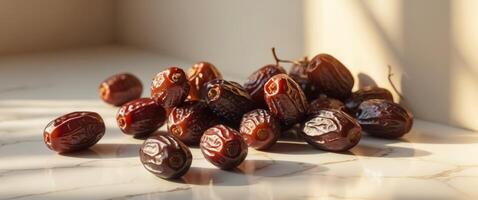 Fresh dates arranged on a marble surface showcasing rich colors of brown and red during a sunny afternoon. photo