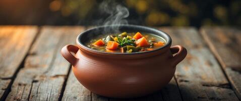 Aromatic Steaming Vegetable Soup in Rustic Clay Pot on Wooden Table. photo