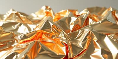 Close up festive abstract background of golden orange crumpled glossy metallic plastic foil photo