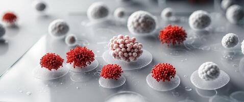 Close up image of red and white bacteria under microscope on laboratory slide photo