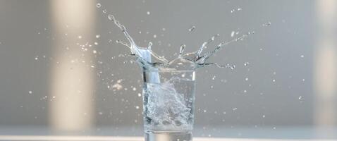 A refreshing drink splashing out of a glass bottle. photo