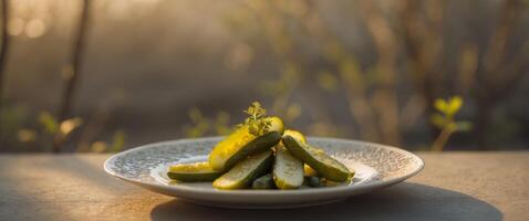 Freshly prepared pickles on a decorative plate in a natural outdoor setting during late afternoon photo