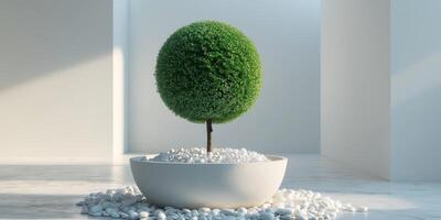 Modern Garden Planter with White Pebbles and Topiary. photo