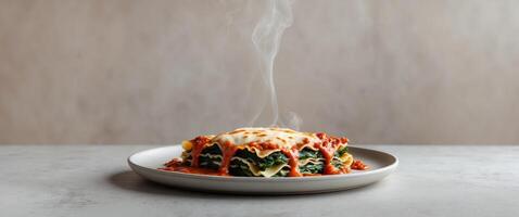 tempting serving of spinach lasagna with tomato sauce and melted cheese. photo