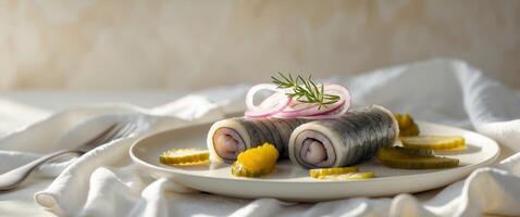 Seafood Breakfast Delight Featuring Rolled Herring with Onions and Pickles. photo