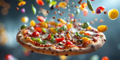 Flying toppings create a delicious spectacle above pizza base with vibrant colors and textures. photo